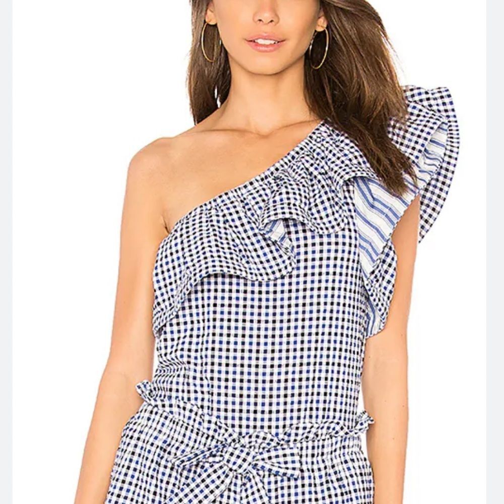 Misa LA ‘Gilah’ Top Cotton One-Shoulder Asymmetrical Gingham Blue Size Small